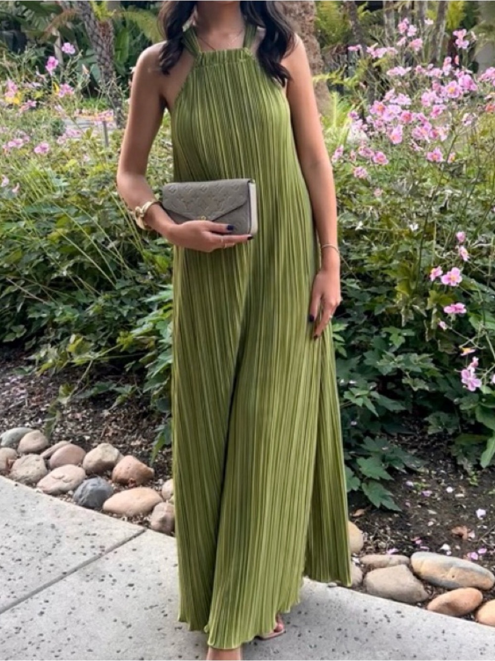 PETAL & PUP Melody Plisse Halter Maxi Dress in Green S